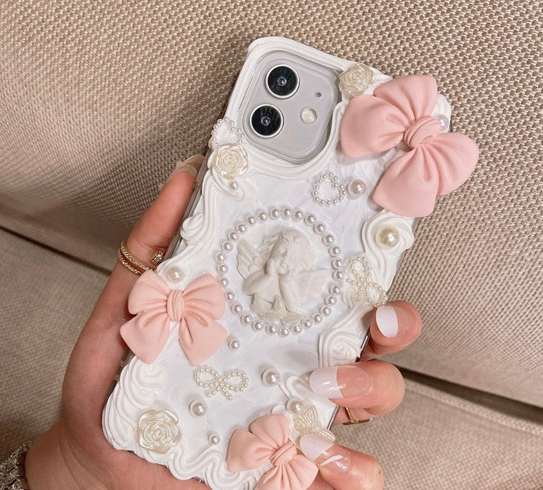 Handmade Pink Baroque Angel Phone Case with Pearl and Bow Accents V Boutique Studio