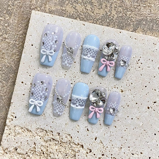 Blue Ribbon Romance Press-on Nails V Boutique Studio
