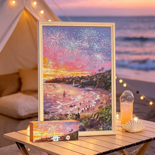 Fireworks over the Pink Sea 1000 Piece Gold Foil Jigsaw Puzzle Momibook