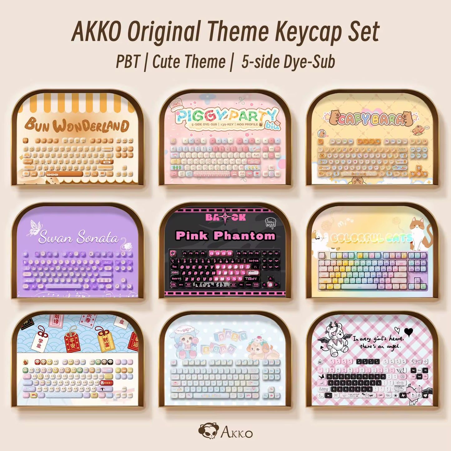 Akko Cute Theme Keycap Set – PBT 5-Side Dye-Sub | Pastel & Kawaii Designs