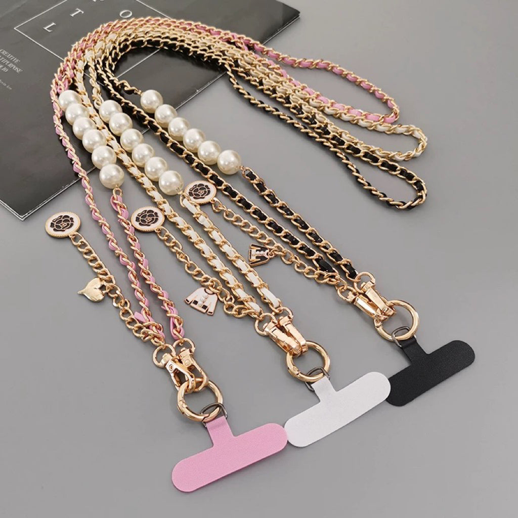 Luxury Metal Pearl Leather Crossbody Phone Lanyard V Boutique Studio