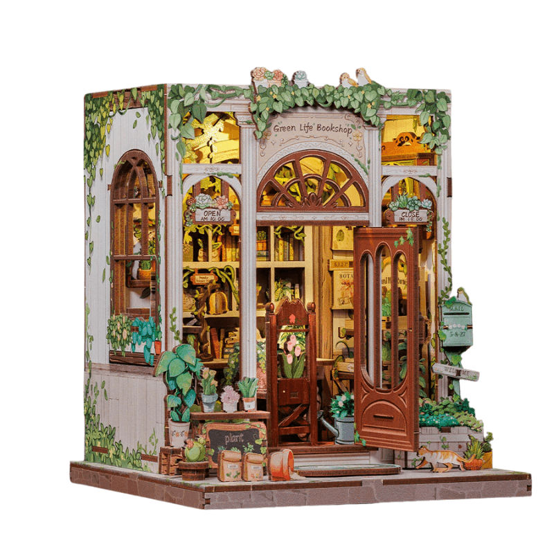Green Life Bookshop DIY wooden book nook kit – nature-inspired miniature bookstore with plants, vines, and vintage decor