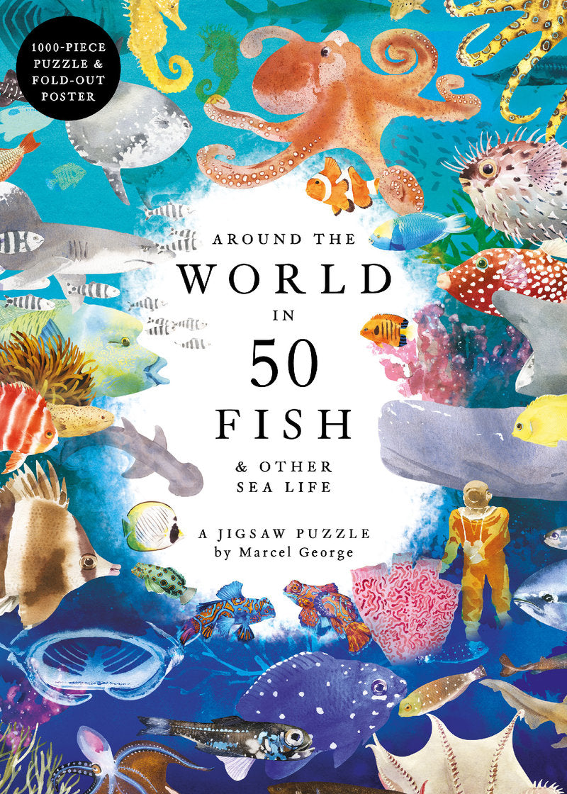 Around the World in 50 Fish 1000-piece puzzle available for pre-order, featuring colorful illustrations of 50 unique fish species from around the world.