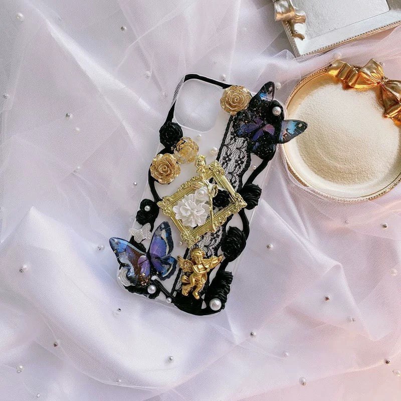 Handmade 3D Lace Butterfly Phone Case with Black Roses V Boutique Studio