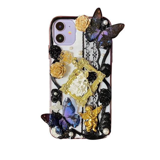 Handmade 3D Lace Butterfly Phone Case with Black Roses V Boutique Studio