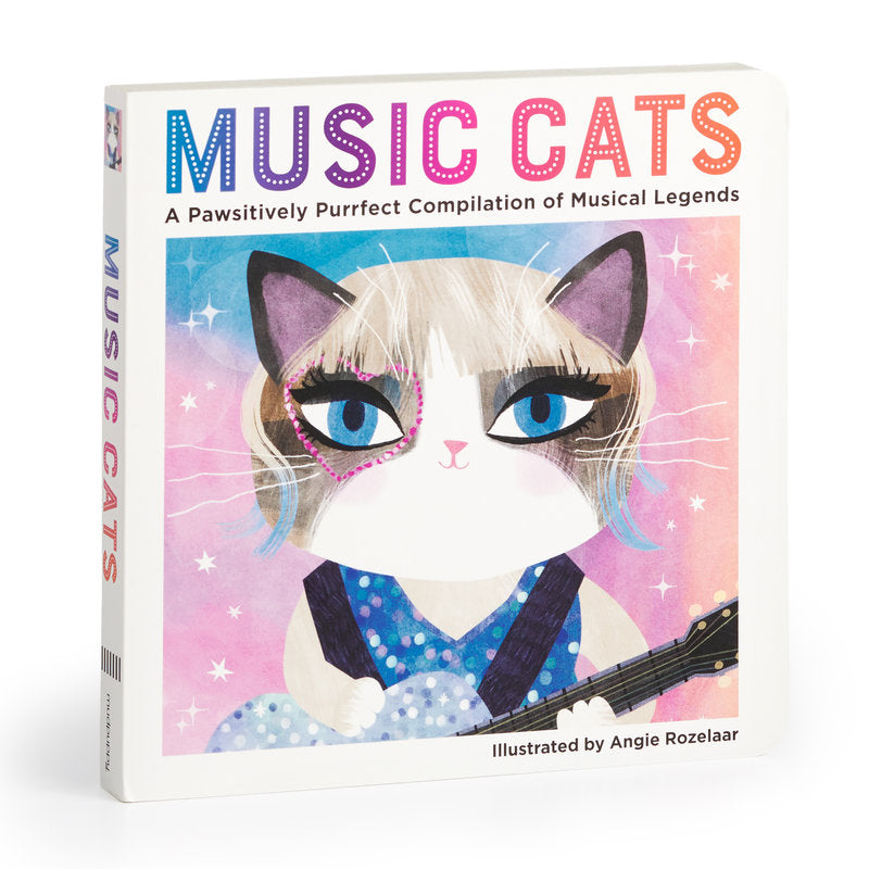Music Cats board book illustrated by Angie Rozelaar, featuring a cat styled like Taylor Swift with a microphone and sparkly outfit.