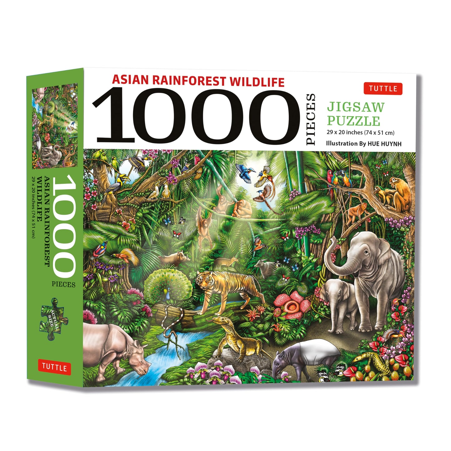 Asian Rainforest Wildlife 1000 piece jigsaw puzzle by Tuttle, featuring colorful exotic animals like elephants, tigers, monkeys, and birds in a lush jungle setting. Finished size 29 x 20 inches.