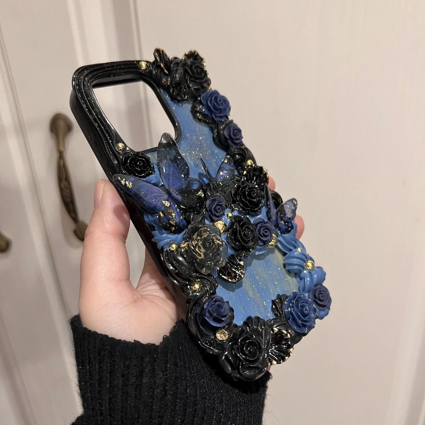 Handmade Luxury Cream Glue Sea Blue Butterfly Rose Phone Case