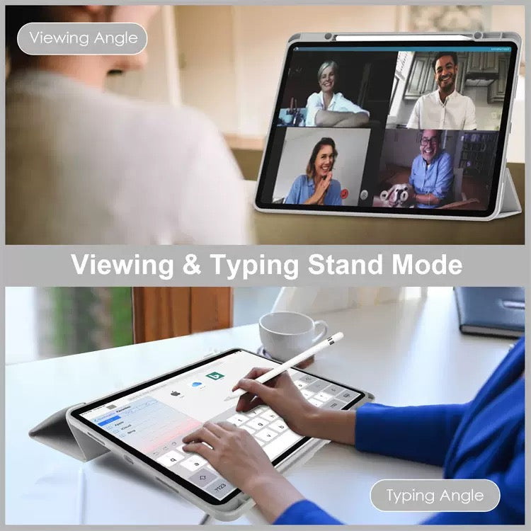 Clear Back iPad Case with Pencil Holder – Shockproof Tri-Fold Stand Cover