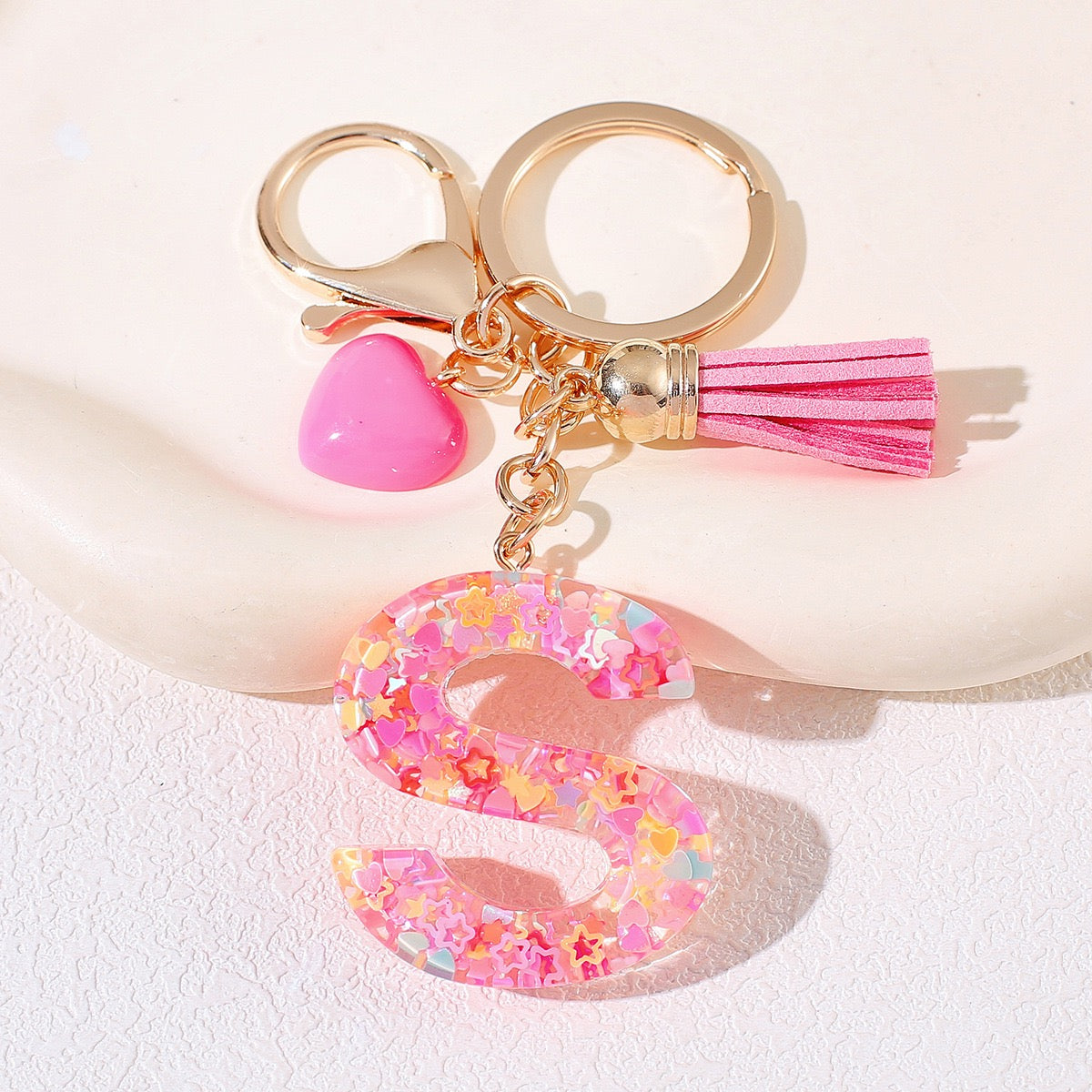 Pink Glitter Resin Initial Keychain – Heart & Tassel Charm