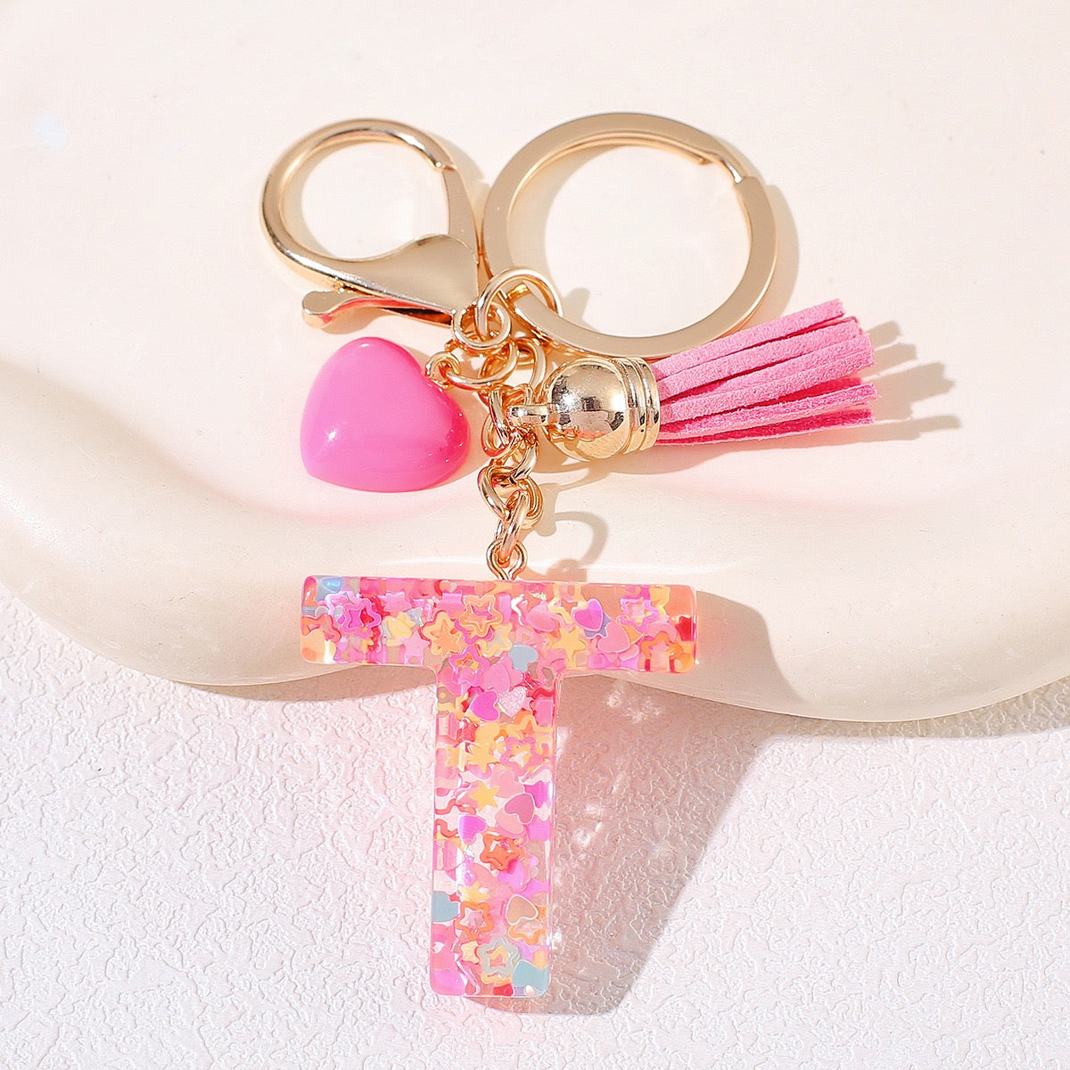Pink Glitter Resin Initial Keychain – Heart & Tassel Charm