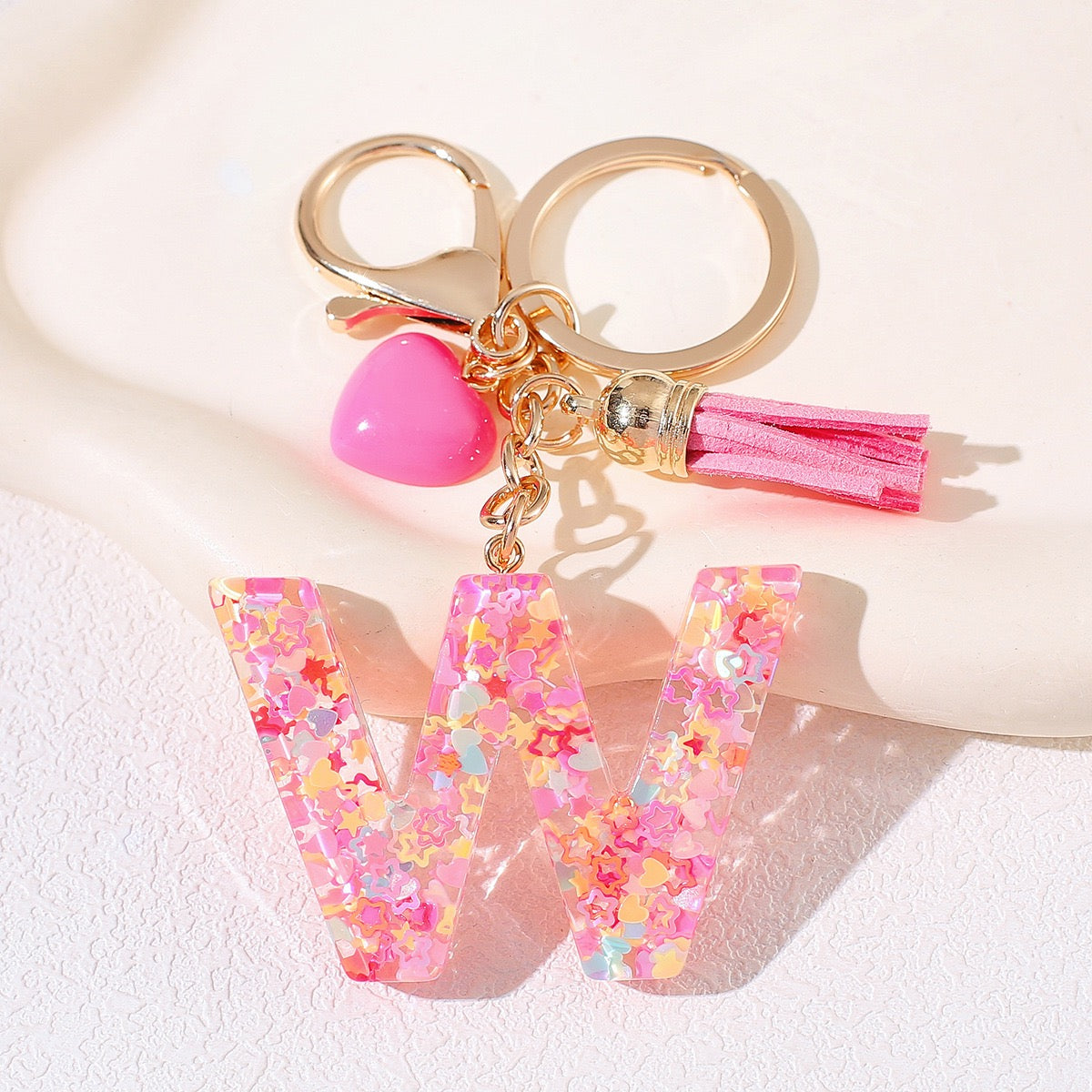 Pink Glitter Resin Initial Keychain – Heart & Tassel Charm