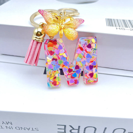 Pink Glitter Resin Initial Keychain – Butterfly & Tassel Charm Gift