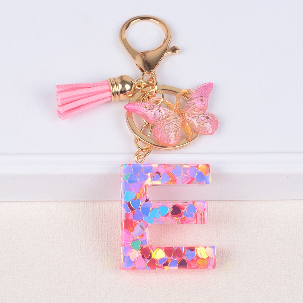 Pink Heart Glitter Resin Initial Keychain – Butterfly & Tassel Gift
