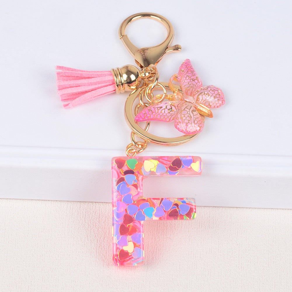Pink Heart Glitter Resin Initial Keychain – Butterfly & Tassel Gift