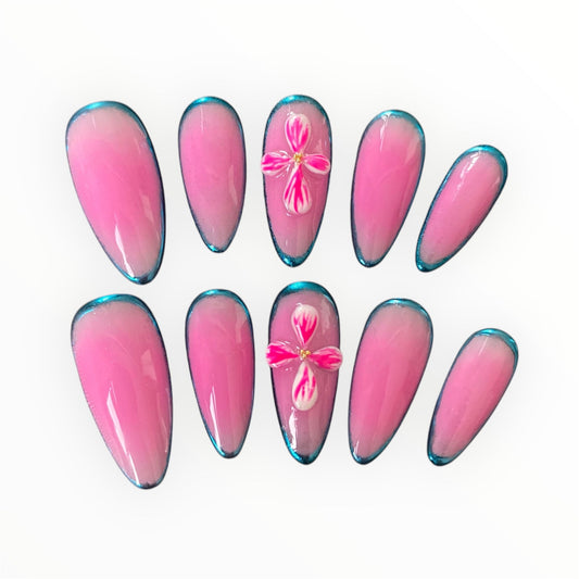 Pink Press-On Nails with Teal Edges and 3D Floral Design V Boutique Studio