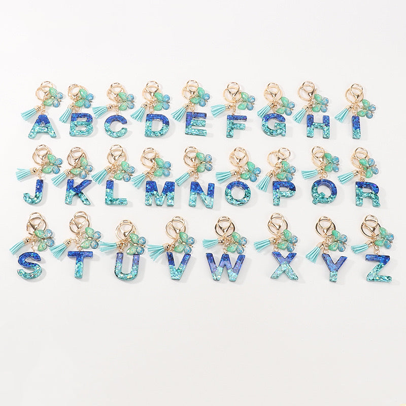 Blue-Green Resin Initial Keychain – Butterfly & Tassel Charm Gift V Boutique Studio