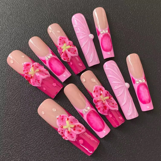 Pink Floral 3D Press-On Nail Set - Elegant Handcrafted Design