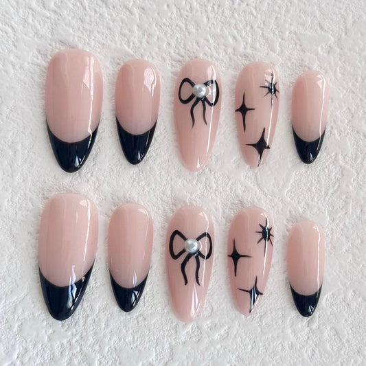 Black French with Bow Press-on Nails V Boutique Studio