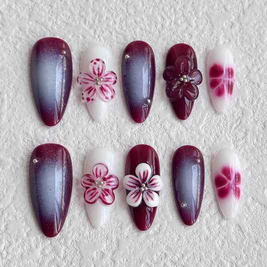 Burgundy Vintage Blooms Press-on Nails V Boutique Studio