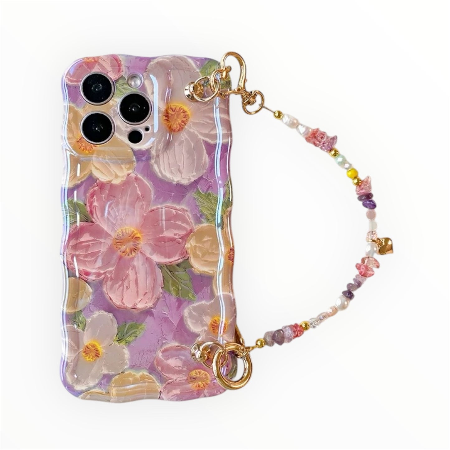 Purple Floral iPhone Case with Beaded Strap – 3D Design & Aesthetic Gift