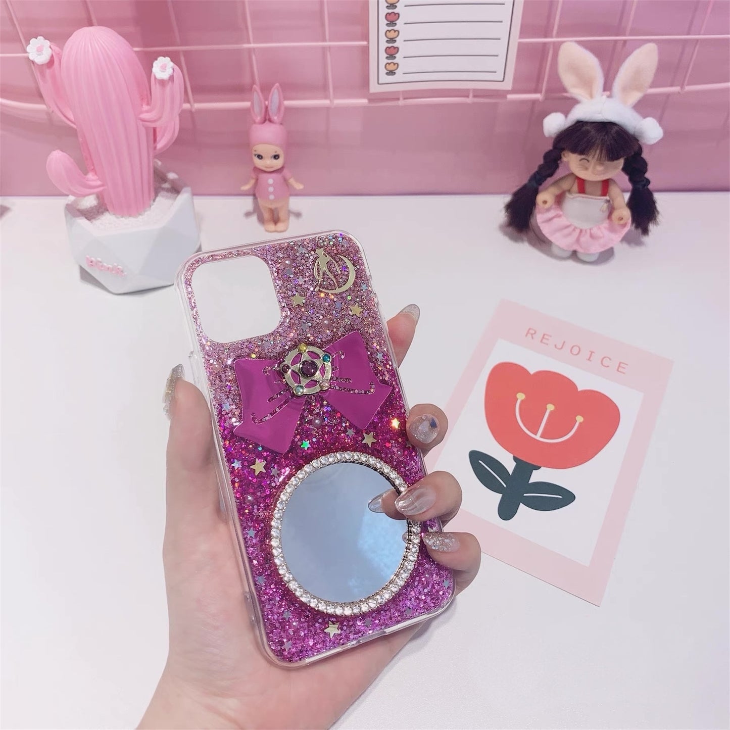 Handmade Sailor Moon Glitter Phone Case – Round Mirror & 3D Bow