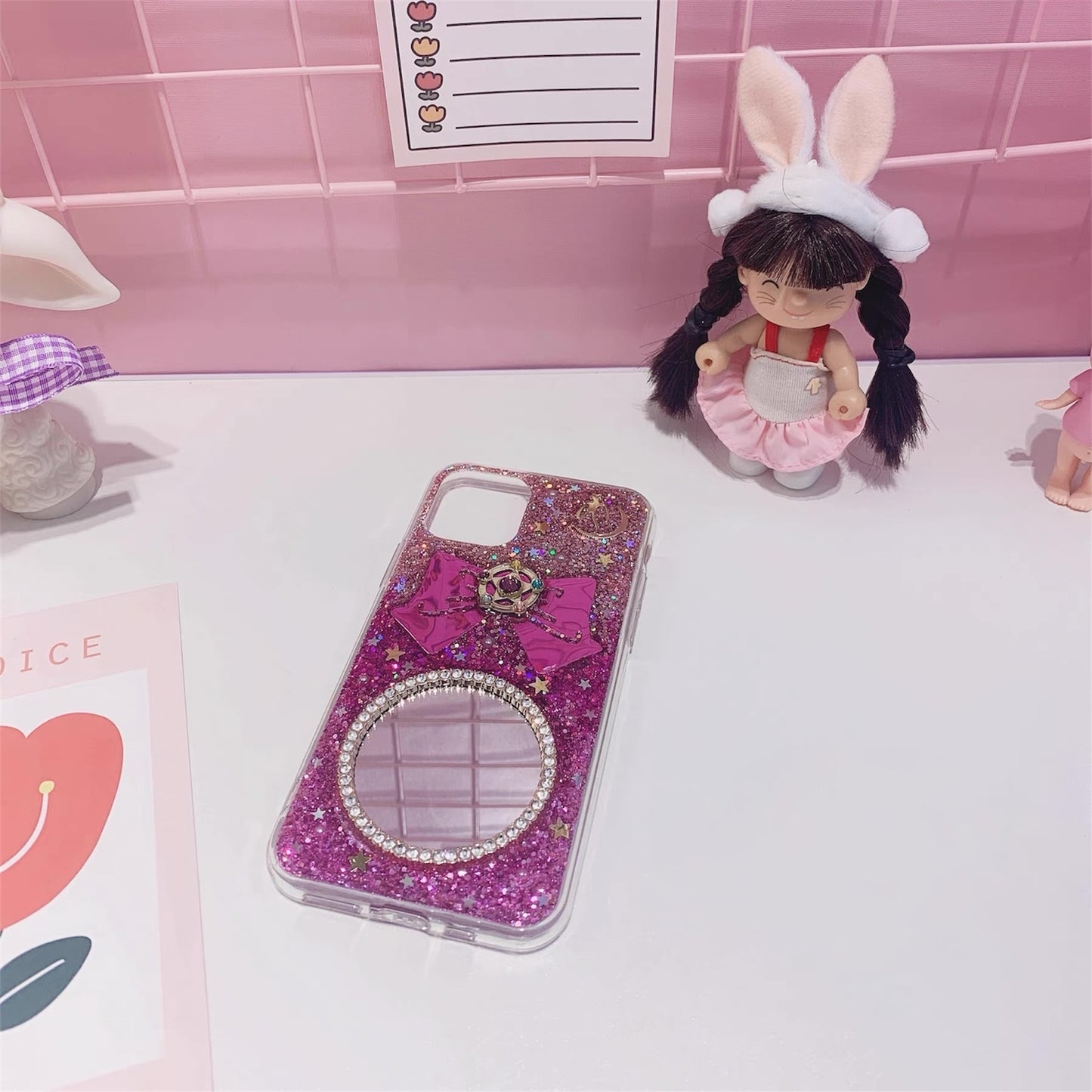 Handmade Sailor Moon Glitter Phone Case – Round Mirror & 3D Bow