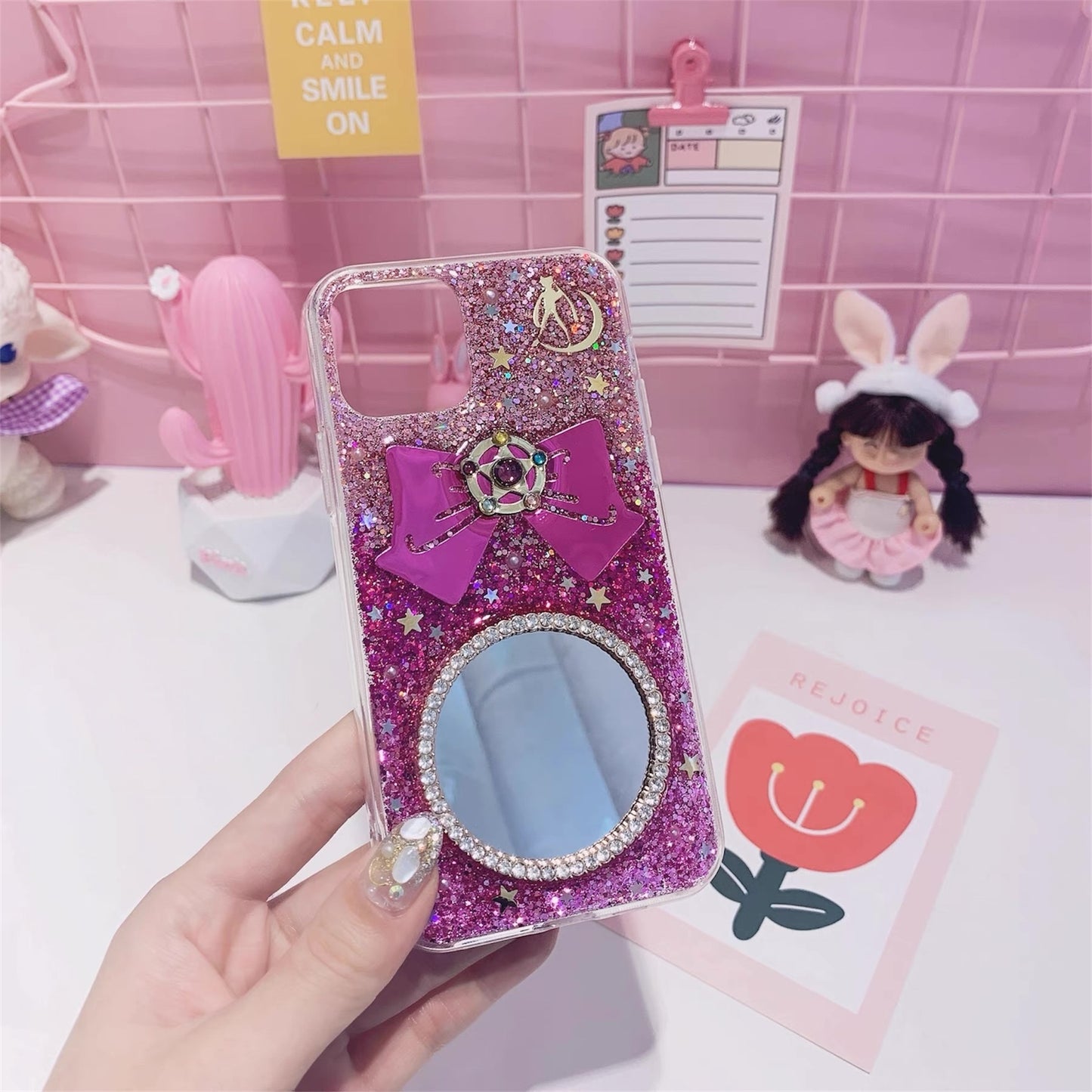 Handmade Sailor Moon Glitter Phone Case – Round Mirror & 3D Bow