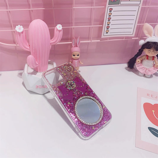 Handmade Sailor Moon Glitter Phone Case – Round Mirror & 3D Bow
