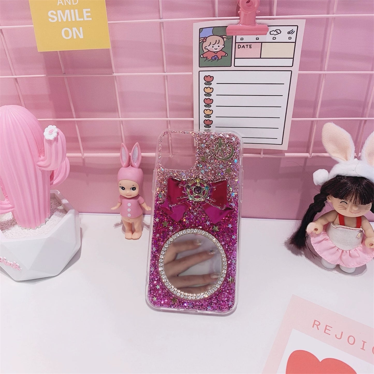 Handmade Sailor Moon Glitter Phone Case – Round Mirror & 3D Bow