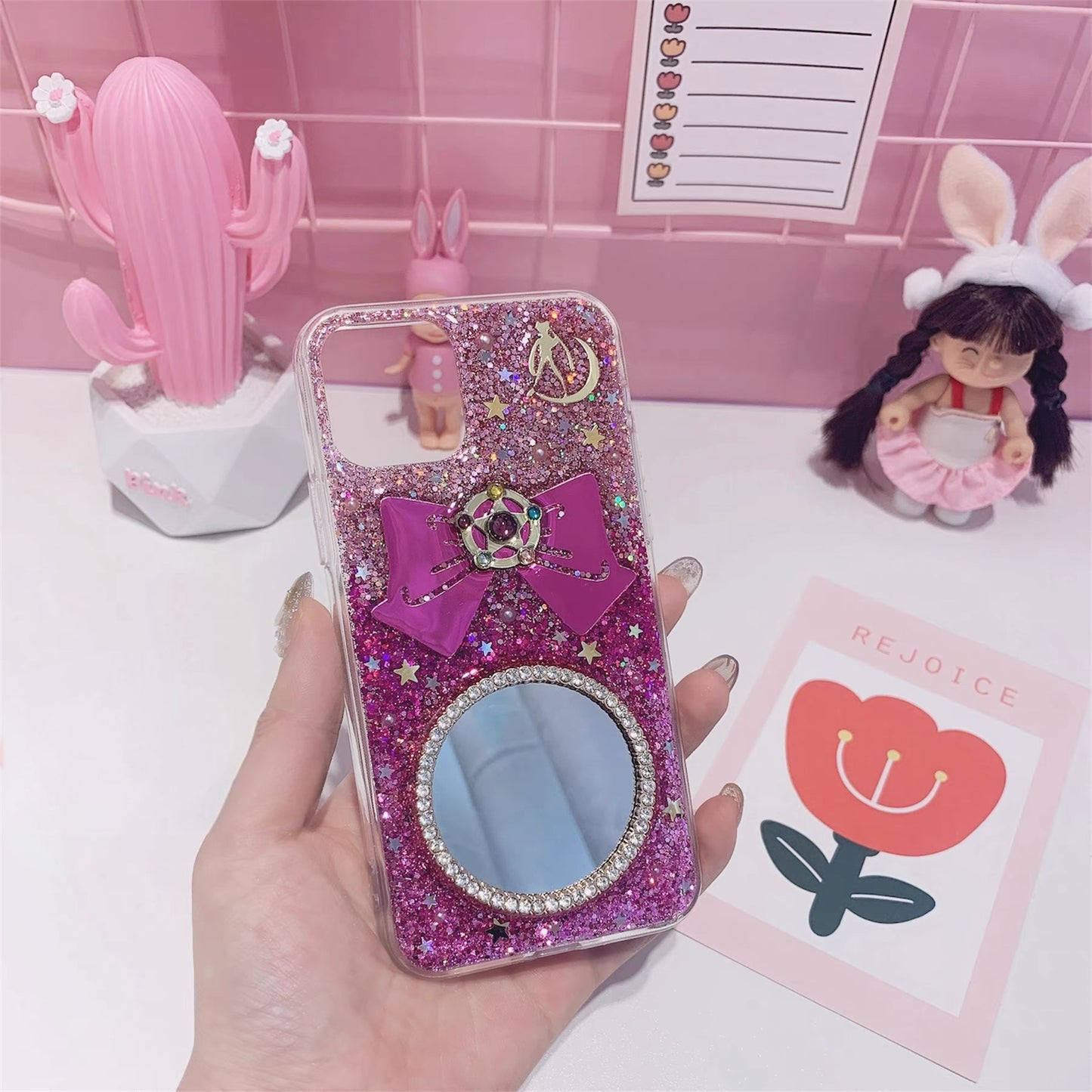 Handmade Sailor Moon Glitter Phone Case – Round Mirror & 3D Bow