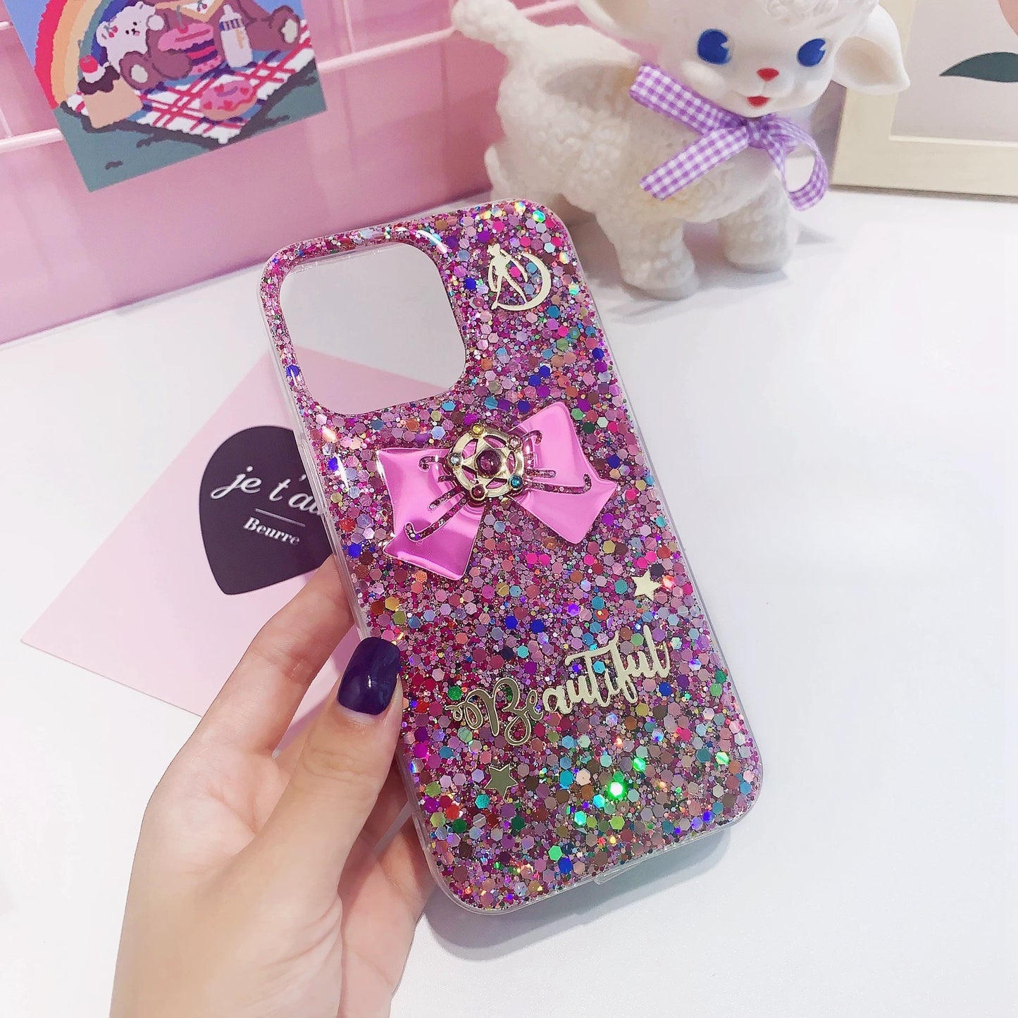 Handmade Sailor Moon Glitter Phone Case – Bow Charm & Sparkle Design