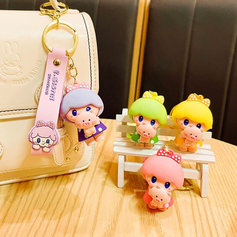 Kawaii Pig Girl Hugging Pig Keychain