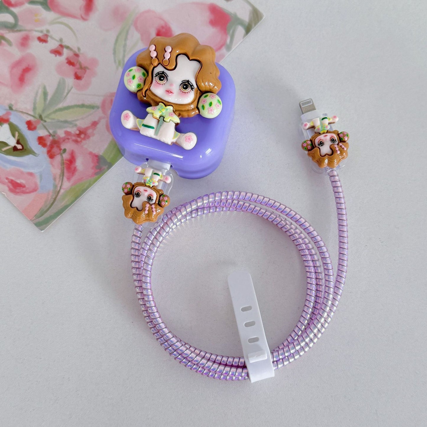 Cute Cartoon Girl Charging Cable Protector Set – 3D Plug, Cord & Case Covers
