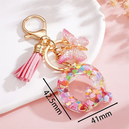 Custom Pink Glitter Initial Keychain with Butterfly & Heart Charm V Boutique Studio