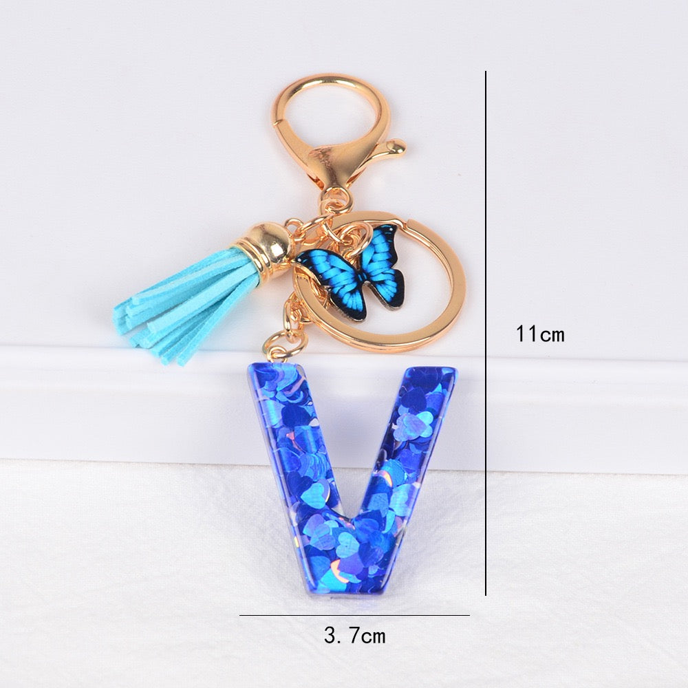 Blue Initial Letter Keychain with Butterfly & Tassel V Boutique Studio