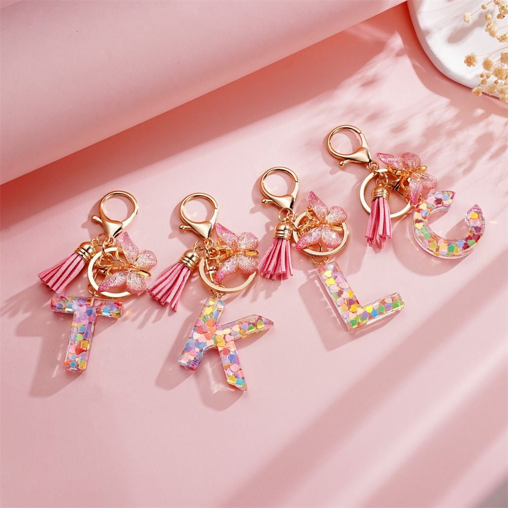 Custom Pink Glitter Initial Keychain with Butterfly & Heart Charm V Boutique Studio