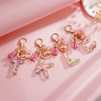 Custom Pink Glitter Initial Keychain with Butterfly & Heart Charm V Boutique Studio