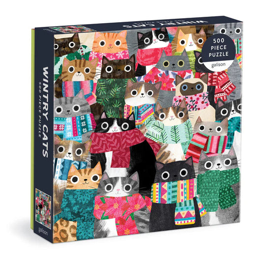 Wintry Cats 500-piece puzzle by Galison featuring illustrated cats in cozy winter sweaters and scarves in festive colors.