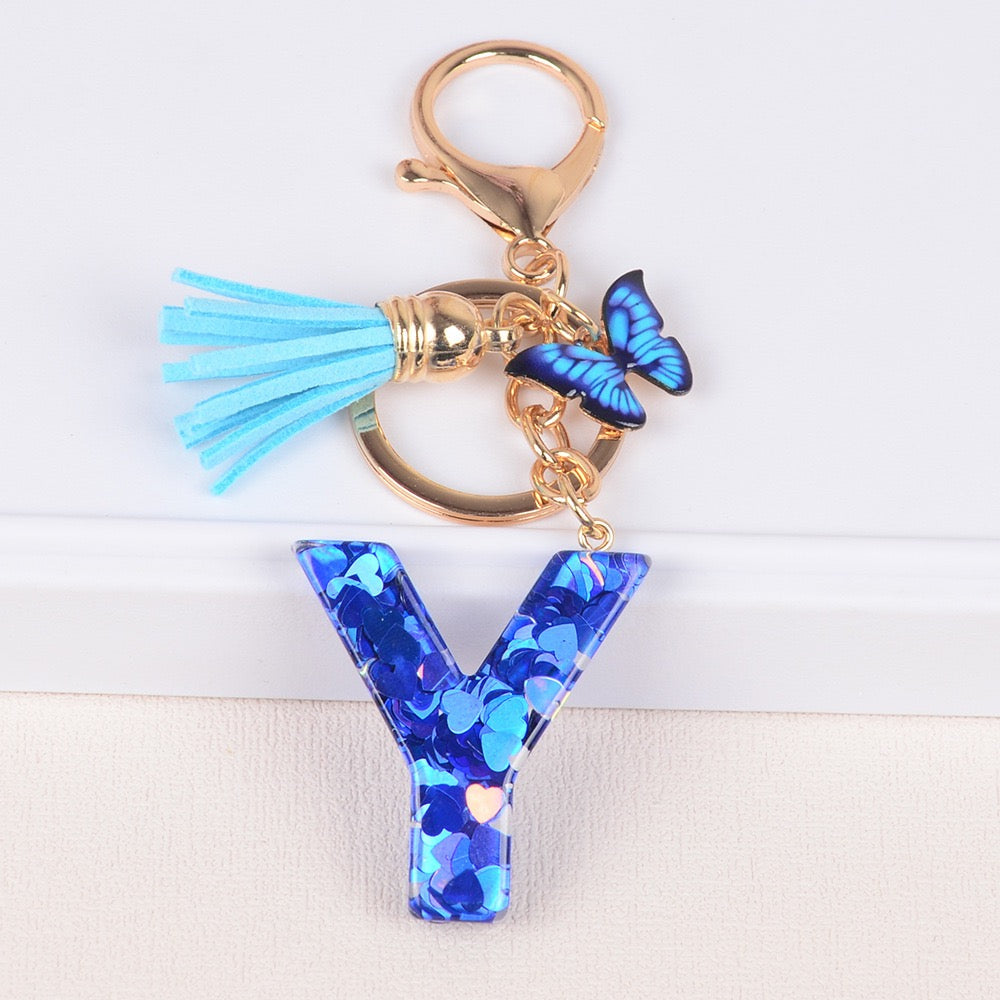 Blue Initial Letter Keychain with Butterfly & Tassel V Boutique Studio