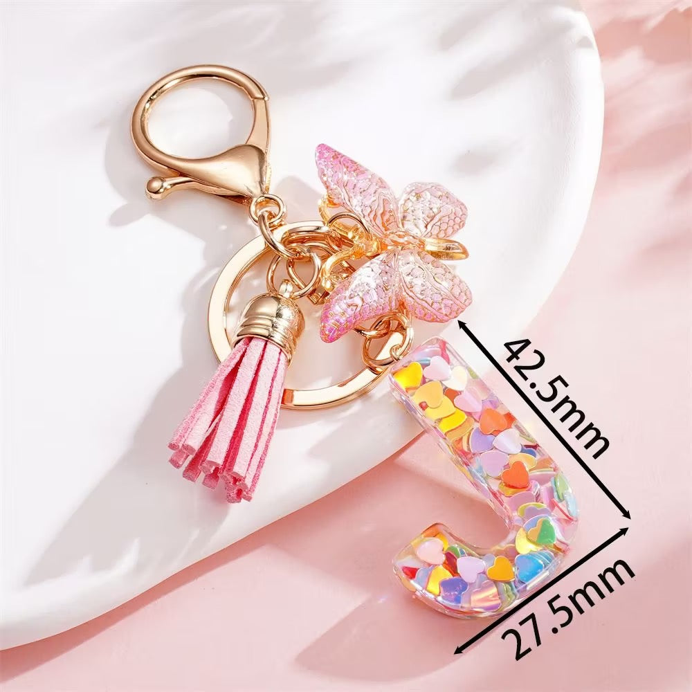 Custom Pink Glitter Initial Keychain with Butterfly & Heart Charm V Boutique Studio
