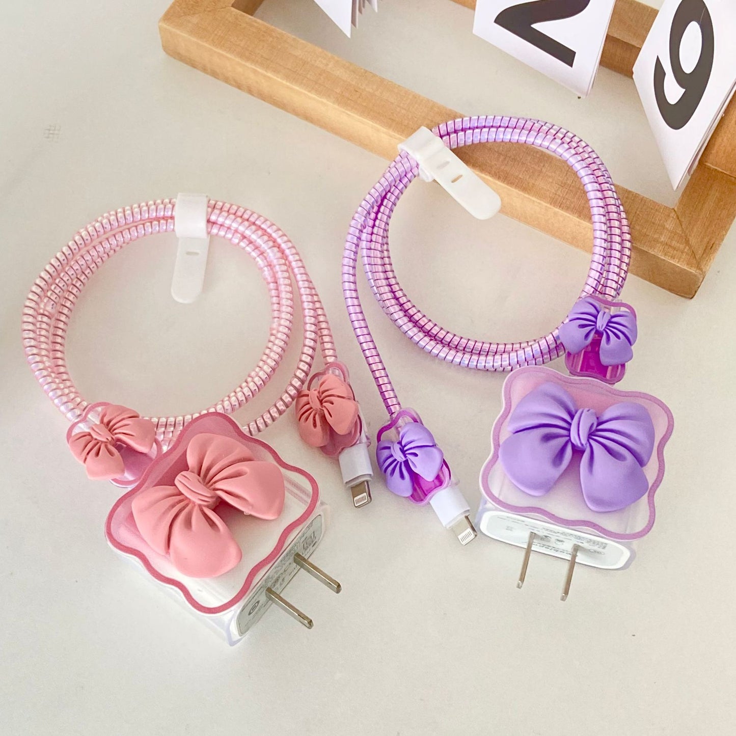 Cute 3D Bow Charger Cover and Cable Protector Set