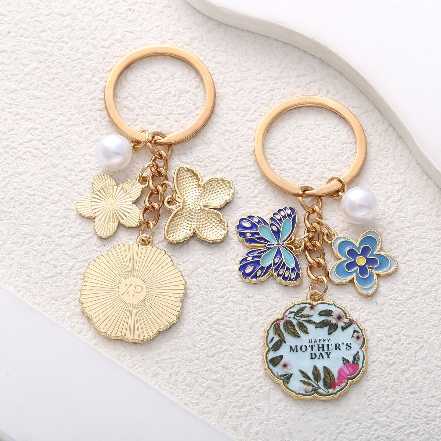 Mother’s Day Floral Keychain – Butterfly & Pearl Charm Gift