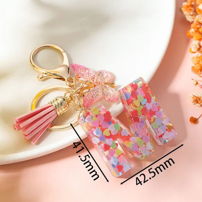 Custom Pink Glitter Initial Keychain with Butterfly & Heart Charm V Boutique Studio