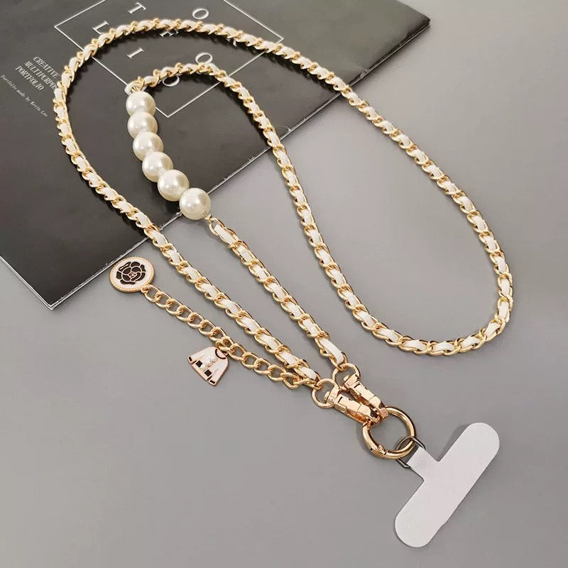 Lanière de téléphone en cuir et métal de luxe avec perles