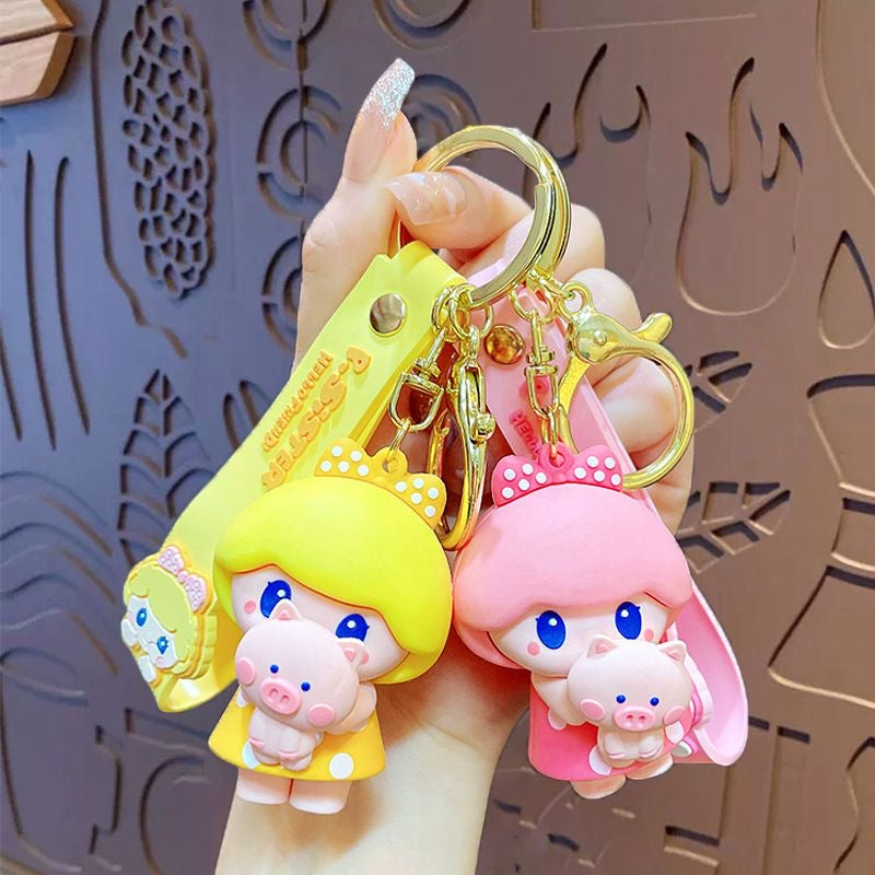 Kawaii Pig Girl Hugging Pig Keychain