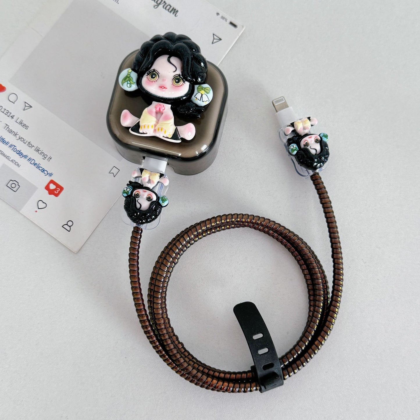 Cute Cartoon Girl Charging Cable Protector Set – 3D Plug, Cord & Case Covers