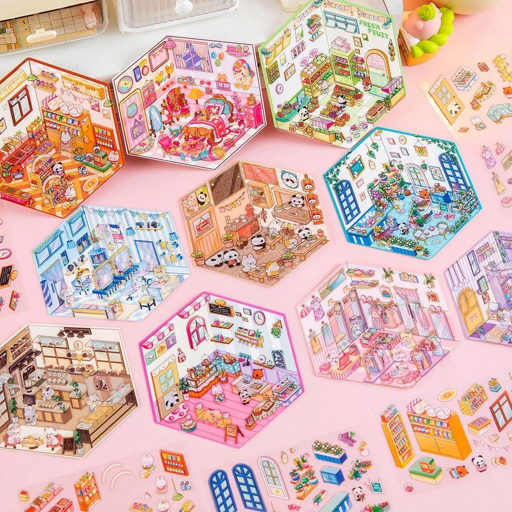 Kawaii Miniature Shop Sticker Set – 3D Puffy Stickers for DIY & Crafts