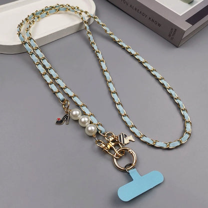 Luxurious Handmade Pearl Leather Crossbody Phone Lanyard