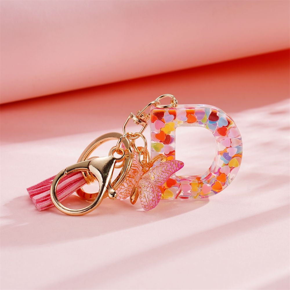 Custom Pink Glitter Initial Keychain with Butterfly & Heart Charm V Boutique Studio